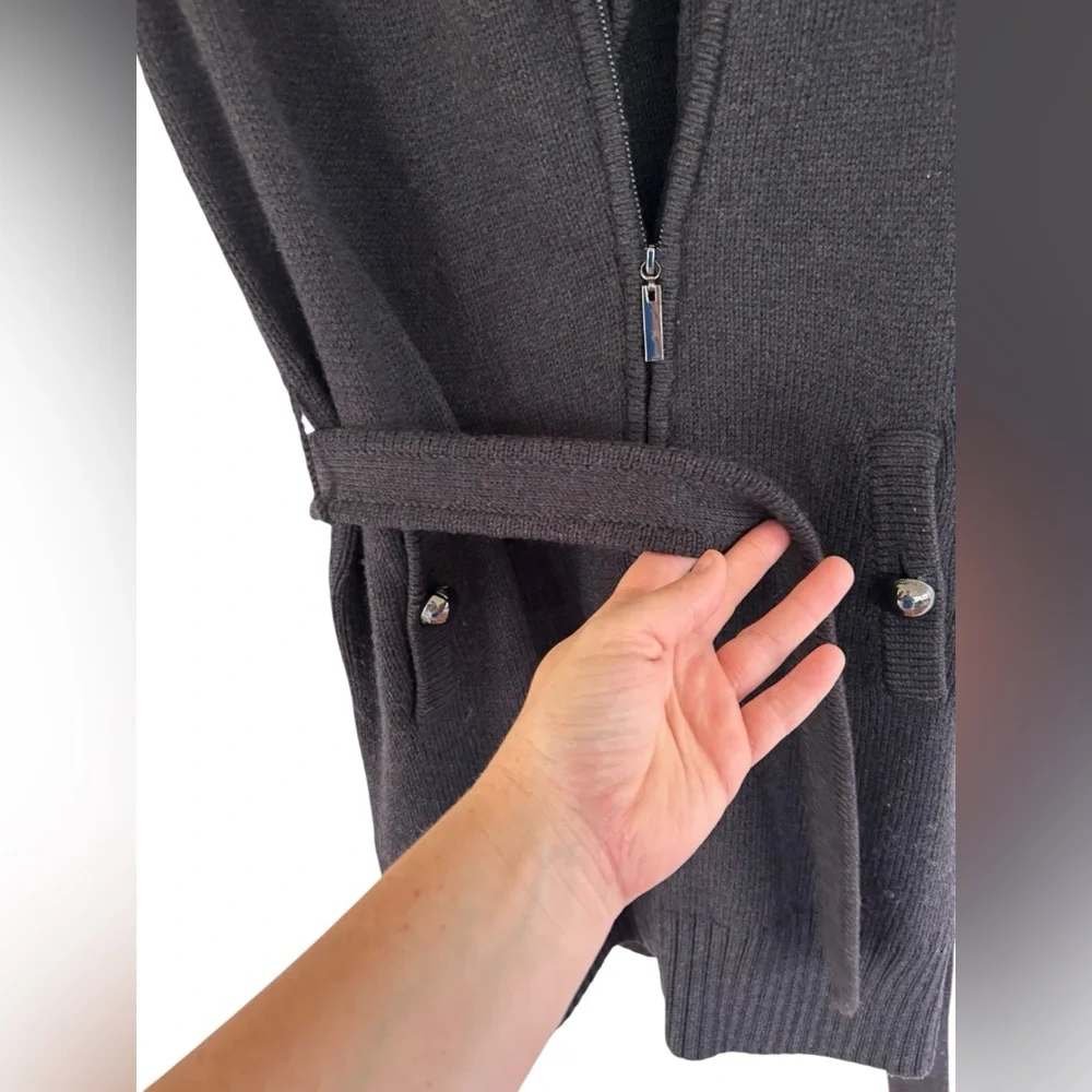 TORY BURCH Dark Gray Merino Wool‎ Belt Full Zip Sleeveless Sweater Jacket Vest M